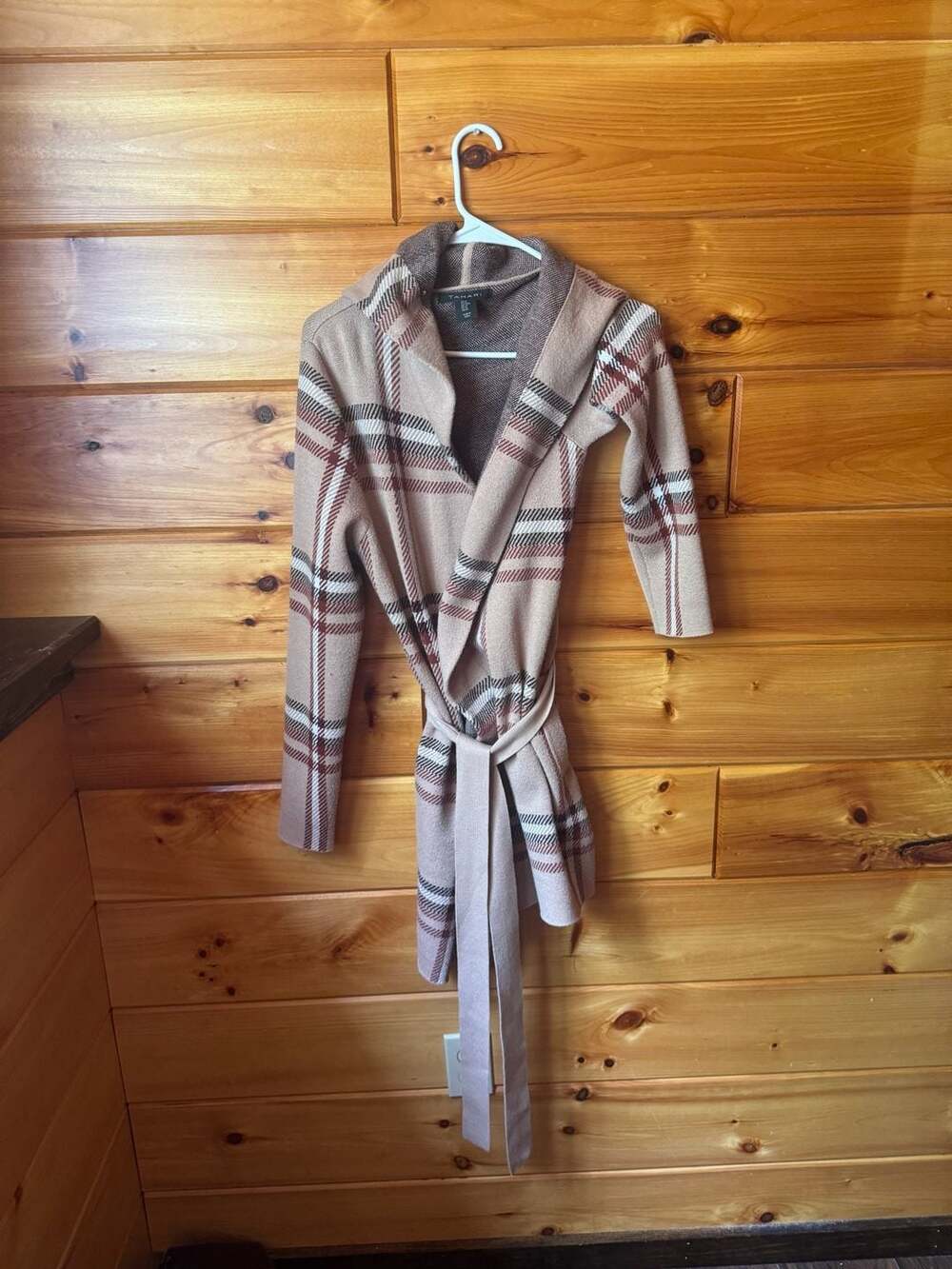 Tahari Plaid Hooded Belted Cardigan Sweater Size M